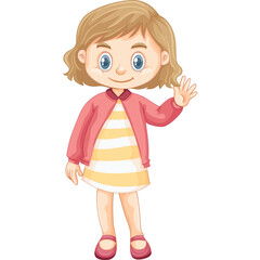 A Cheerful Young Girl With Blond Hair And Blue Eyes Waving Hello Wearing A Yellow And White Striped Dress And A Pink Cardigan In A Studio Setting With A Transparent Background