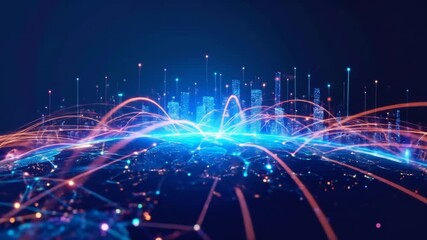 A digital representation of a network and city, with lights and lines connecting points - Powered by Adobe
