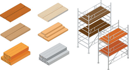 isometric 3d illustration of construction materials and scaffolding with wooden planks and metal beams for building industry concept
