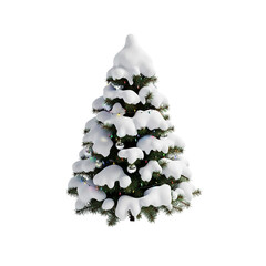 Festive snow-covered Christmas tree with lights and ornaments