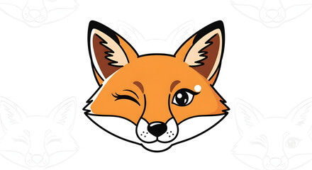 Obraz premium Cartoon fox head winking with one eye, orange and white fur, black outline.