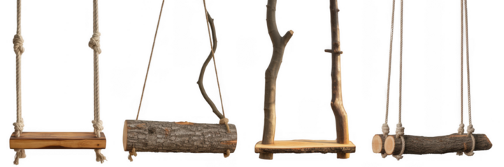 Rustic wooden swings hanging on ropes isolated on a transparent background