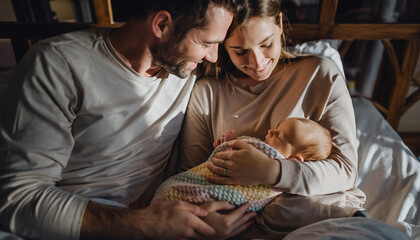 Parents lovingly holding their newborn baby in bed.