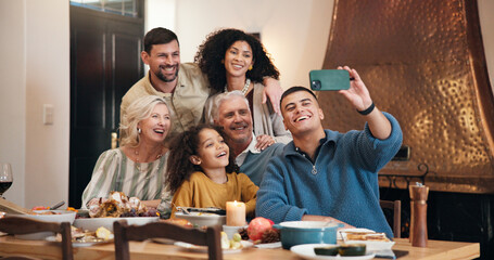 Thanksgiving, family and selfie at dinner in home for party memory, online post and celebration....