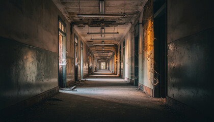 Abandoned hallway with peeling paint and cobwebs