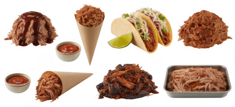 Pulled meat feast assortment isolated on a transparent background