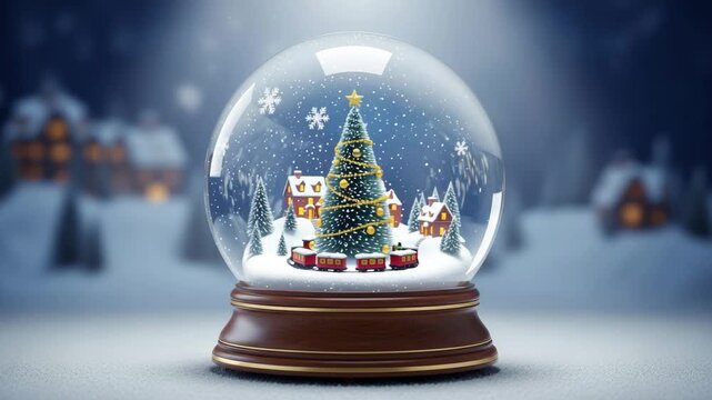 Enchanting Christmas snow globe with miniature village festive tree and train scene magical