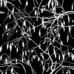 White branches isolated on a black background. Seamless pattern. Alder tree. 