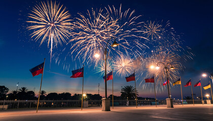 Fireworks explode over flags and lampposts at night.