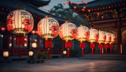 Illuminated lanterns with floral patterns hang in front of traditional buildings.