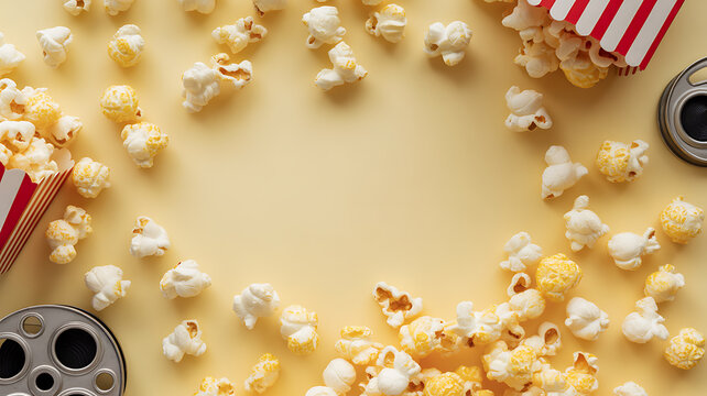Popcorn scattered around a yellow surface with red and white striped containers and film reels