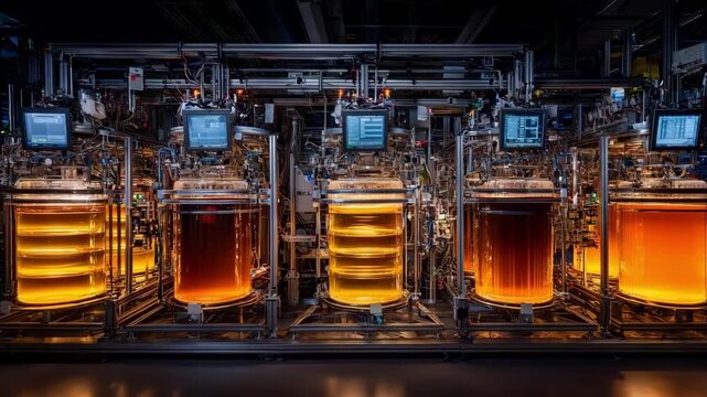 Medium shot of microbial cultures growing in controlled bioreactors highlighting microbial fermentations role in breaking down proteins innovatively.