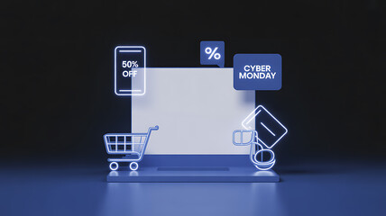 Digital Cyber Monday sale promotion with shopping cart, discount sign, and mobile phone display