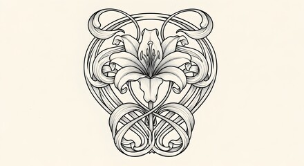 Elegant floral art nouveau design with flowing lines and lily, perfect for sophisticated branding, invitations, and vintage-inspired creative projects