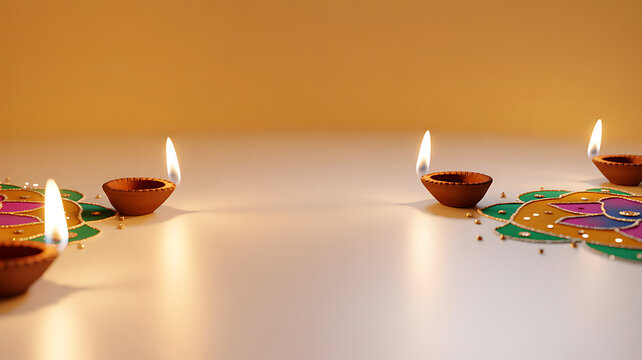 Lit clay oil lamps placed on colorful rangoli designs on a smooth surface with warm lighting
