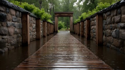 A wooden walkway crosses a watery channel between stone walls under a gentle rain leading to a wooden archway