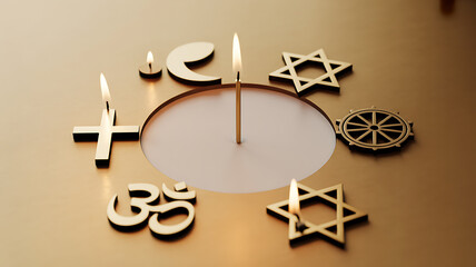 Symbolic arrangement of religious symbols and candles around a central circle, representing interfaith unity.