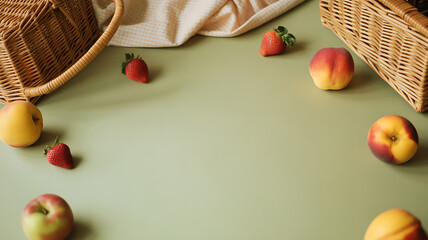 Fresh peaches and strawberries scattered on a green surface with wicker baskets
