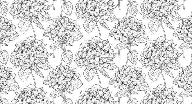 Elegant floral pattern design with hydrangea blossoms offers a classic, timeless aesthetic perfect for textiles, wallpapers, and sophisticated branding projects