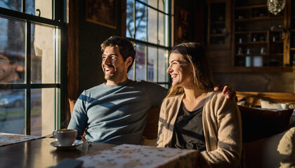Couple laughing at a table with coffee by a window.