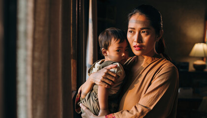 Woman holding a child near a window with warm light.