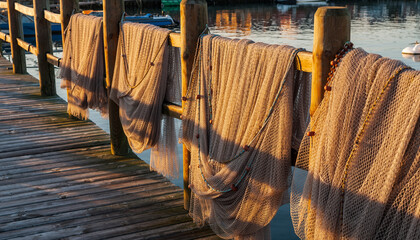 Fishing nets drying on a wooden pier by the water.