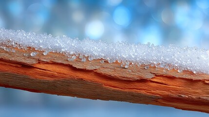 Close up of a tree branch covered in sparkling frost and ice crystals with a soft blue bokeh background during winter season macro photography