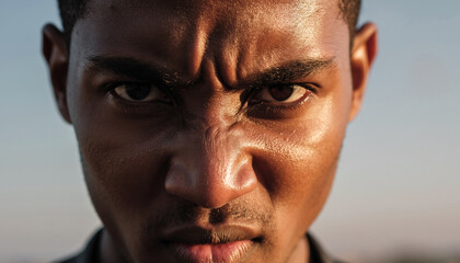 Close-up portrait of a man showing intense emotion and sunlight on skin.