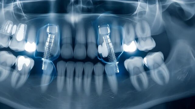 Human jaw x-ray with illuminated dental implants