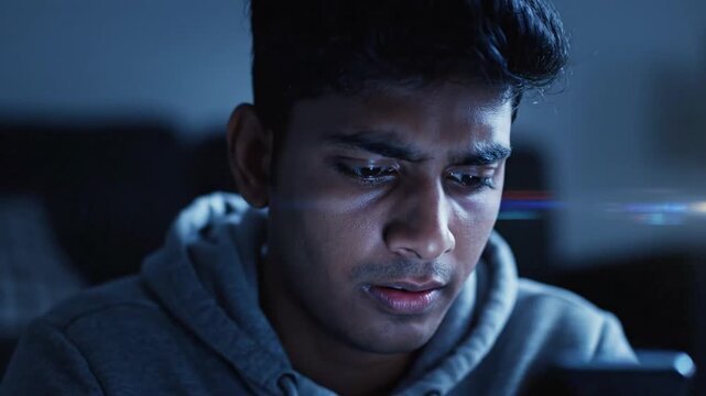 Intense Focus: Young Man Engaged with Smartphone in Dark Room
