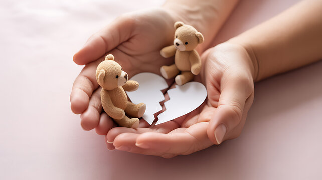 Hands holding two small teddy bears and a broken paper heart