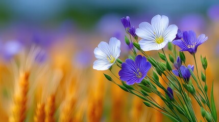 Close up of delicate white and blue wildflowers in a sunlit meadow with soft focus background of golden wheat stalks and green foliage in spring