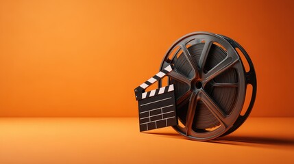 Film reel and movie clapper on vibrant orange background capturing the essence of cinema technology and creativity during a film festival or tech convention