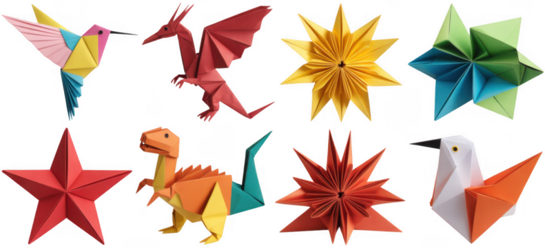 Colorful paper animals and stars isolated on a transparent background
