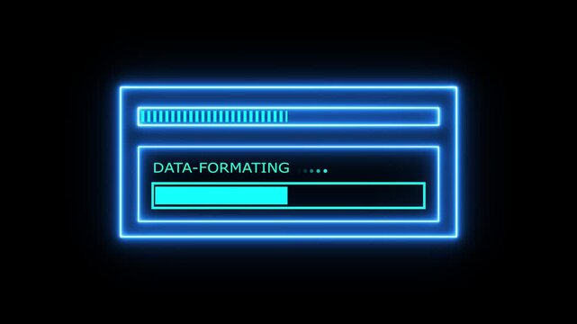 Blue Progress Bar Showing Data Formatting at 100 Percent with Neon Glow loading bar data processing