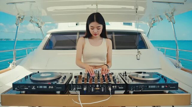 Frontal shot of a stylish woman DJ playing music on a console on the deck of a luxury yacht with the blue ocean background