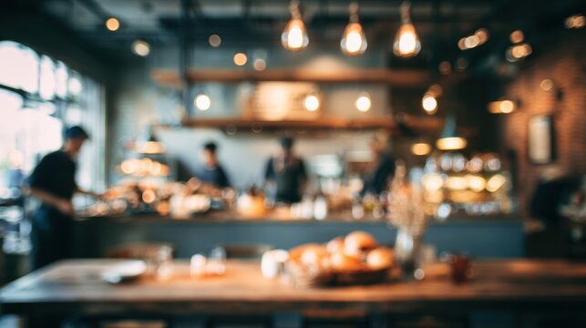 Busy cafe scene with blurred background revealing staff preparing food and serving customers during a lively brunch hour - Powered by Adobe