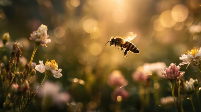 Bee is busy pollinating flowers in a sunlit garden during golden hour, showcasing nature's beauty and the importance of bees