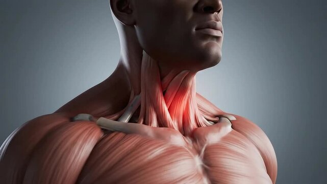 Anatomical Illustration of Human Neck Showing Muscles and Bones, Highlighted Area of Pain, Medical Visual, Blue Gradient Background