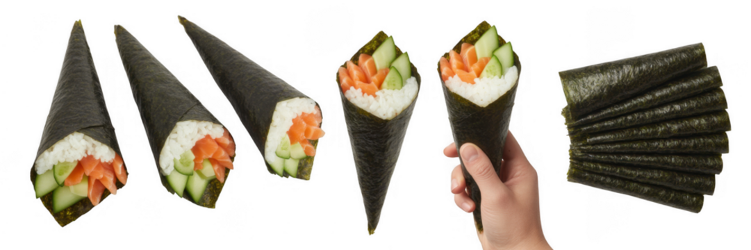 Salmon cucumber sushi cones isolated on a transparent background