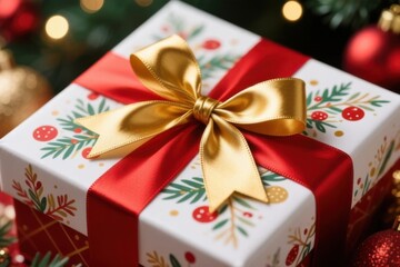 Decorated Gift Box with Golden Bow and Red Ribbon Surrounded by Festive Ornaments