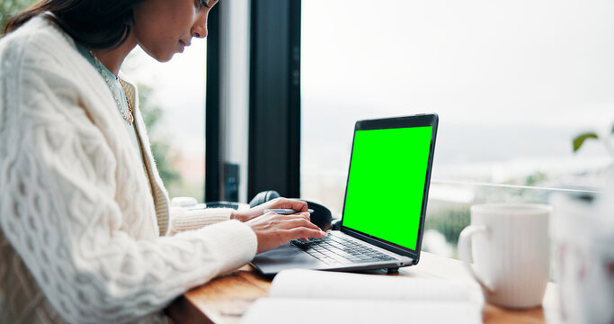 Research, green screen and student in cafe with laptop, mock up and online assignment in ux design. Display, tech or girl in cafeteria with notebook, chromakey or digital report in e learning.