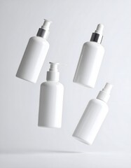 Floating White Bottles with Silver Tops Minimalist Product Photography