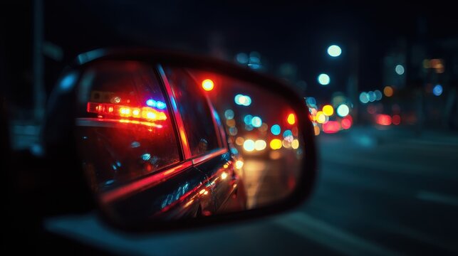 Police lights create a colorful reflection in a car mirror during a nighttime traffic stop on a busy city street