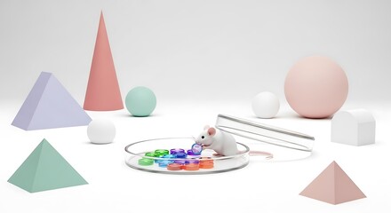 밝은 배경 위에 놓인 실험용 쥐, 다채로운 색감과 깔끔한 구도가 돋보인다