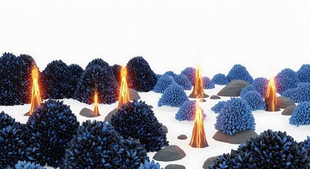 추상적인 푸른 숲, 밝은 빛이 솟아오르는 몽환적인 풍경 사진