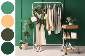 Interior of stylist's studio with clothes rack, shoes and plants