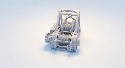 복잡한 기계 장치가 미니멀리즘 배경에서 깨끗하게 빛나다