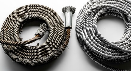 튼튼한 밧줄 두 개가 나란히 놓여 대비를 이루며 강렬하게 시선을 사로잡다
