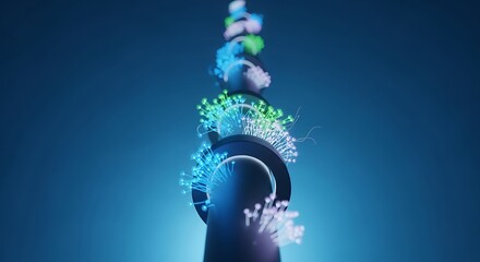 신비로운 푸른색 배경 위로 빛나는 추상적인 형태가 떠오르는 이미지